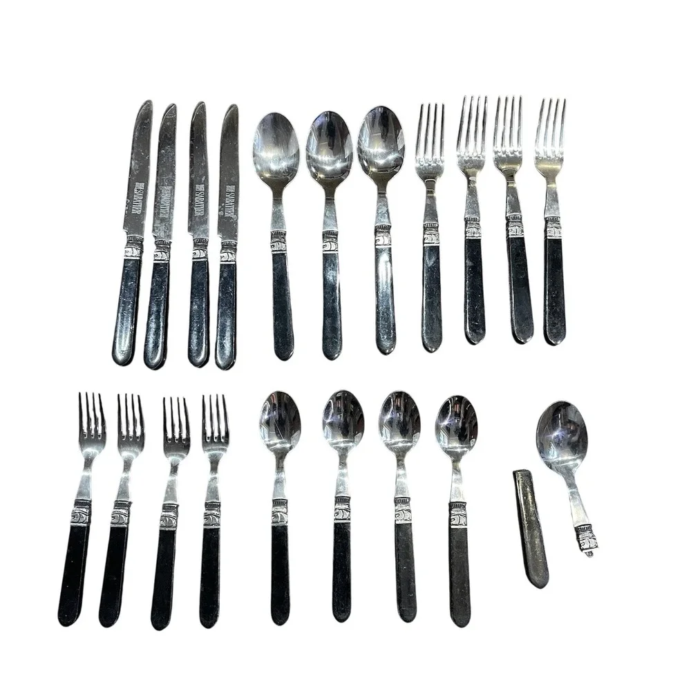 20 Vintage Sabatier CANNES flatware MCM bakelite style 4 Piece‎ Set Rare Black
